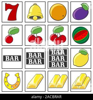 Vettore di slot machine set di simboli. Numero fortunato sette, Golden bell, arancio, prugna, uno due e tre ciliegie. Anguria. L'iscrizione BAR. Limone, a ferro di cavallo. Uno due e tre barre di oro. Isolato su sfondo bianco. Illustrazione Vettoriale