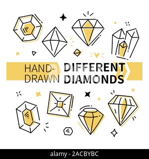 Diversi diamanti - disegnata a mano delineare gli elementi del vettore Illustrazione Vettoriale