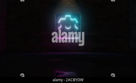 3D rendering di blue violet neon di simbolo di una ruota dentata in quadrato con angoli arrotondati, scuro su un muro di mattoni lo sfondo con il bagnato riflessione sfocata Foto Stock