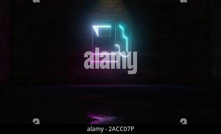 3D rendering di blue violet neon simbolo della pompa a gas station con piedistallo su mattone scuro dello sfondo a parete con wet riflessione sfocata Foto Stock