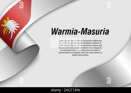 Sventolando in nastro o banner con bandiera di Warmia-Masuria. Provincia di Polonia. Modello per la progettazione di poster Illustrazione Vettoriale