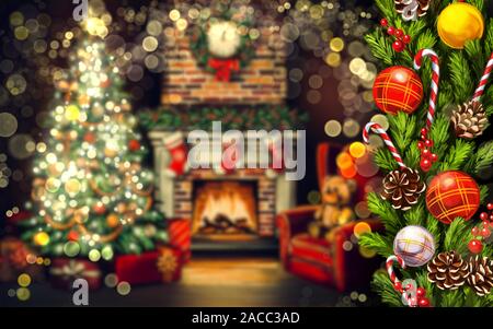 Ghirlanda di Natale con ornamenti decorativi su sfondo sfocato camere splendidamente arredate nello stile di Natale, simbolo del Natale e del nuovo sì Foto Stock