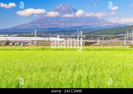 Treno ad alta velocità è passando attraverso i campi di riso in campagna con la Fuji fire in background a Shizuoka, Giappone Foto Stock