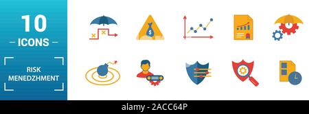 La gestione del rischio icon set. Includere elementi creativi per la gestione del rischio, il capitale di rischio, rischio piano, project manager, timeline progetto icone. Può essere utilizzata per Illustrazione Vettoriale