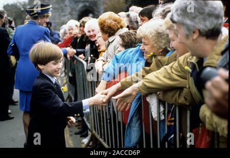 Di SUA ALTEZZA REALE IL PRINCIPE DI GALLES Diana, principessa di Galles orgogliosamente orologi S.A.R. il Principe William salutare la folla durante la sua prima visita ufficiale in Galles a St. David's Day, Cardiff, Foto Stock