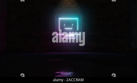 3D rendering di blue violet neon simbolo del monitor con casa sullo schermo scuro su un muro di mattoni lo sfondo con il bagnato riflessione sfocata Foto Stock