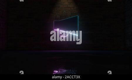 3D rendering di blue violet neon simbolo del megafono scuro su un muro di mattoni lo sfondo con il bagnato riflessione sfocata Foto Stock