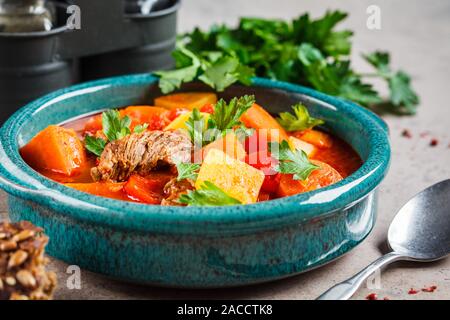 Tradizionale gulasch ungherese. Spezzatino di manzo con patate, carote e paprica in un piatto blu. Foto Stock