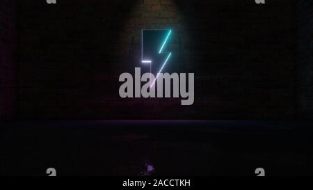 3D rendering di blue violet neon simbolo del fulmine sul mattone scuro dello sfondo a parete con wet riflessione sfocata Foto Stock