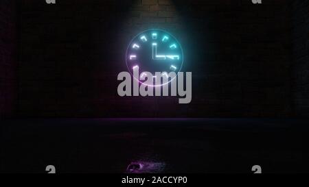 3D rendering di blue violet neon di simbolo di orologio a parete in mattoni scuri sullo sfondo della parete con wet riflessione sfocata Foto Stock