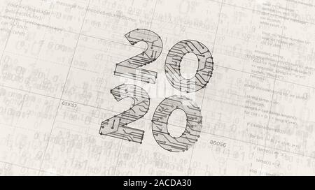 2020 Anno Numero progetto creazione. Concetto astratto 3d'illustrazione. Disegno digitale schema linea di idea futurista. Foto Stock