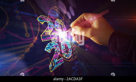 2020 Anno Numero progetto creazione. Concetto astratto 3d'illustrazione. Disegno digitale schema linea di idea futurista. Foto Stock