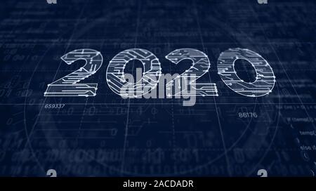 2020 Anno Numero progetto creazione. Concetto astratto 3d'illustrazione. Disegno digitale schema linea di idea futurista. Foto Stock