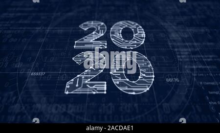 2020 Anno Numero progetto creazione. Concetto astratto 3d'illustrazione. Disegno digitale schema linea di idea futurista. Foto Stock
