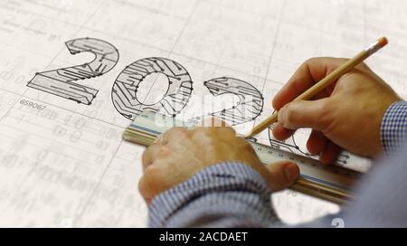 2020 Anno Numero progetto creazione. Concetto astratto 3d'illustrazione. Disegno digitale schema linea di idea futurista. Foto Stock