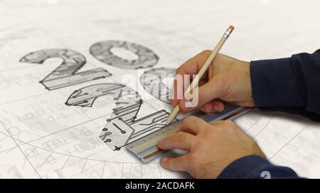 2020 Anno Numero progetto creazione. Concetto astratto 3d'illustrazione. Disegno digitale schema linea di idea futurista. Foto Stock