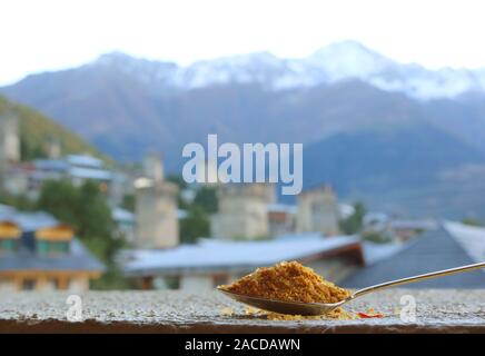 Primo piano un cucchiaio di Georgian Svan sale con sfocata montagne del Caucaso e Mestia città nel contesto Foto Stock