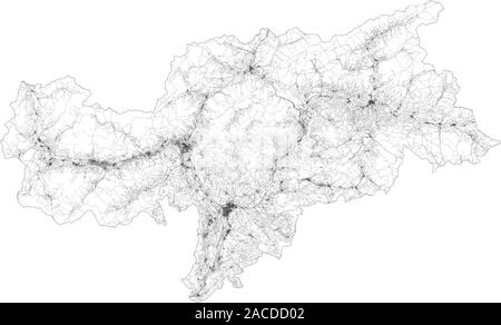 Mappa satellitare della provincia di Bolzano, città e strade, edifici e strade di collegamento delle aree circostanti. Trentino Alto Adige, Italia. Mappa stradale Illustrazione Vettoriale