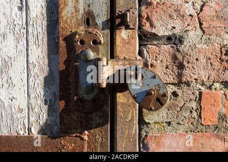 Close up di un lucchetto arrugginito e hasp su un legno stagionato porta, REGNO UNITO Foto Stock