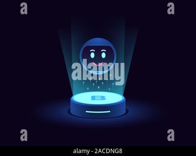 Chat smart bot, virtuale Assistente vocale. Chatbot mobile con funzione di machine learning Smart home station con altoparlante e intelligenza artificiale Illustrazione Vettoriale