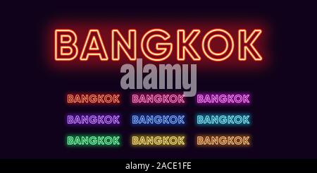 Neon nome di Bangkok, capitale della Thailandia. Testo al neon della città di Bangkok. Set di vettore di incandescente in primo piano con retroilluminazione trasparente. Rosa rosso porpora, v Illustrazione Vettoriale