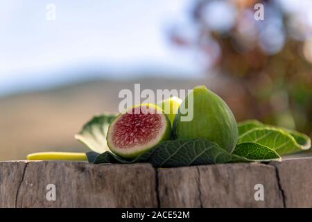 Fichi freschi sul fico foglia, su base di legno sfondo sfocato Foto Stock