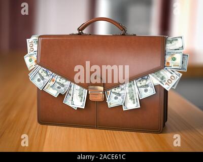 Valigetta piena di dollari isolato sul tavolo. Corruzione, stock exchange portfolio concetto finanziario. 3d illustrazione Foto Stock