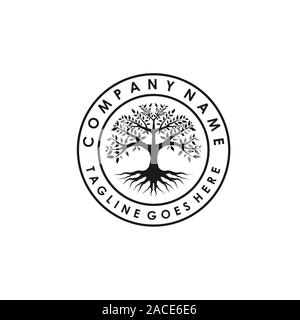 Albero della Vita timbro emblema della guarnizione Oak Banyan logo design tamplate Illustrazione Vettoriale