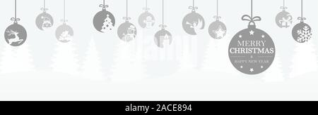 Appendere baubles di colore grigio con diverse icone astratte per natale e Inverno tempo concetti, fiocchi di neve sul lato superiore e auguri per il natale Illustrazione Vettoriale