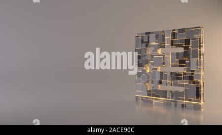 3D rendering in metallo rettangolare techno greeble geometrica simbolo della lista con le stelle e le righe di testo icona con incandescente con linee sfocate piano di riflessione Foto Stock