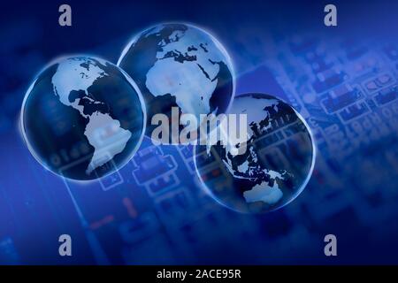 Composito digitale di tre globi su scheda a circuito stampato Foto Stock