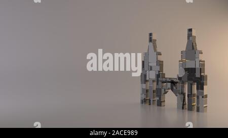 3D rendering in metallo rettangolare techno greeble geometrica simbolo della Petronas Twin Tower icona con incandescente con linee sfocate piano di riflessione sulla luce b Foto Stock