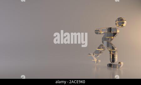 3D rendering in metallo rettangolare techno greeble geometrica simbolo del pattinaggio figura icona con incandescente con linee sfocate piano di riflessione sulla luce backgr Foto Stock