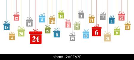 Appendere i regali di Natale in colori diversi con numeri da 1 a 24 Mostra calendario dell'avvento per natale e Inverno tempo concetti stile panorama Illustrazione Vettoriale