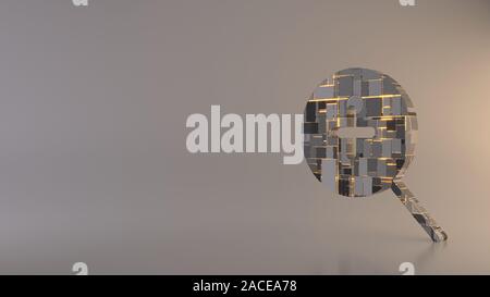 3d rendering metallo techno rettangolare geometric greeble simbolo di ingrandimento zoom avanti con sottile manico icona con linee incandescenti con riflesso sfocato Foto Stock