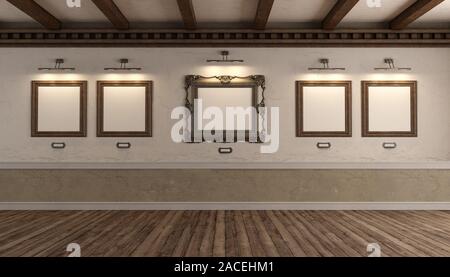 Galleria d'arte con la vecchia cornice immagine, grunge pareti e tetto in legno travi - 3d rendering Foto Stock