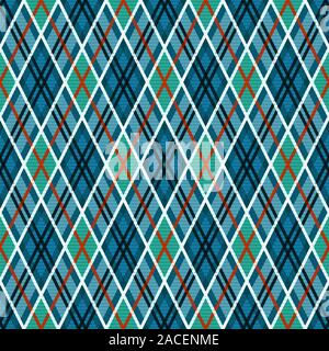 Rombo dettagliata illustrazione perfetta configurazione come un tartan plaid principalmente in blu e sfumature turchesi con arancia e linee bianche Illustrazione Vettoriale