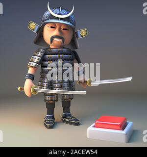 3D fumetto oriental Samurai Warrior in armatura tradizionale guardando un pulsante sul pavimento, 3D render illustrazione Foto Stock