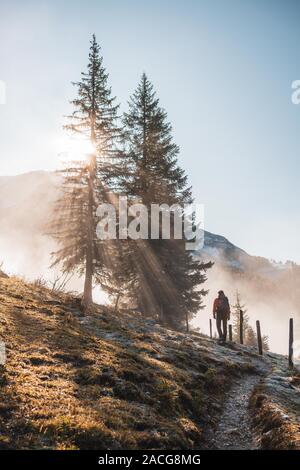 Donna escursionismo nelle Alpi austriache vicino a Filzmoos in autunno, Salisburgo, Austria Foto Stock