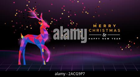 Auguri di Buon Natale felice anno nuovo biglietto di auguri, retro 80s style bassa poli renne sulle luci al neon colorate sfondo luminoso. Il futuristico stagione di vacanze vintage p Illustrazione Vettoriale