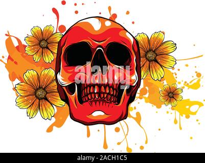 Cranio umano e la ghirlanda di fiori. Los Muertos. Illustrazione Vettoriale. Illustrazione Vettoriale