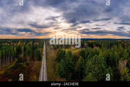 Vista aerea della strada tra la foresta e gli alberi. Sunset Field nella germania meridionale vicino alle alpi. Foto Stock