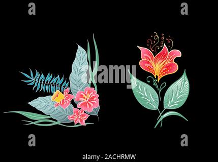 Set di due estate coloratissimi fiori tropicali. Floreale di fiori botanici impostare isolati su sfondo nero. Disegnato a mano Collezione di vettore. Botanical Hawaii Illustrazione Vettoriale