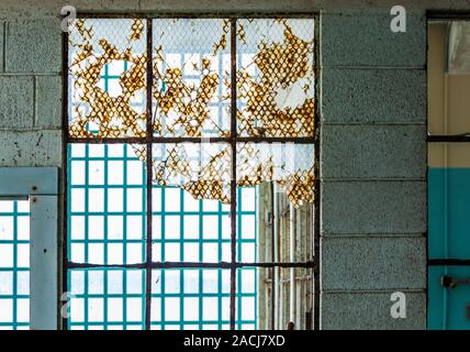 Finestre e pareti in prigione di Alcatraz, un National Historical Landmark in San Francisco Bay, California, USA. Foto Stock