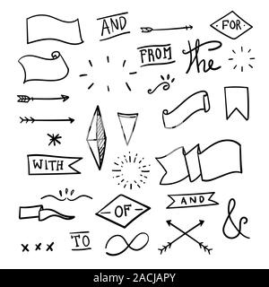 Impostare decorativo di elementi calligrafico per la decorazione. Mano le linee tracciate. Mano-letterati '&' e parole chiave. Illustrazione Vettoriale