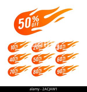 Sconto Vendita banner. Offerte di sconto prezzo di etichetta. Offerta Speciale Hot vendita segno di fuoco, promozione fire banner, prezzo di etichetta, vendita calda, offerta, prezzo. Illustrazione Vettoriale