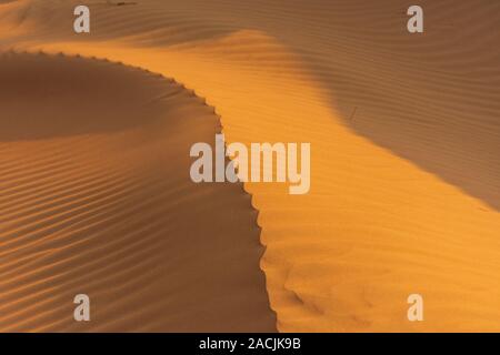 Tramonto nel deserto attraverso una superficie strutturata e modellato ridge facendo spettacolari forme mutevoli. Emirati Arabi Uniti. Concetto del deserto. Foto Stock