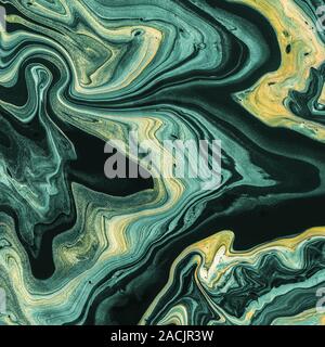 In marmo nero con sfondo verde scuro onde. Sfondo astratti o texture. Fluido acrilico tecnica. Foto Stock