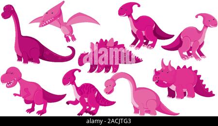 Set di grandi dimensioni di diversi tipi di dinosauri in rosa illustrazione Illustrazione Vettoriale