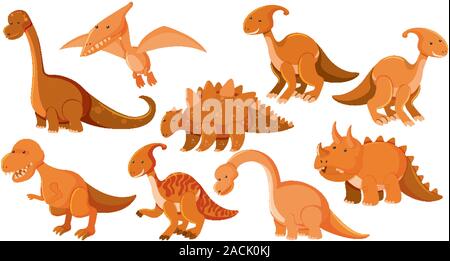 Set di grandi dimensioni di diversi tipi di dinosauri nella illustrazione arancione Illustrazione Vettoriale